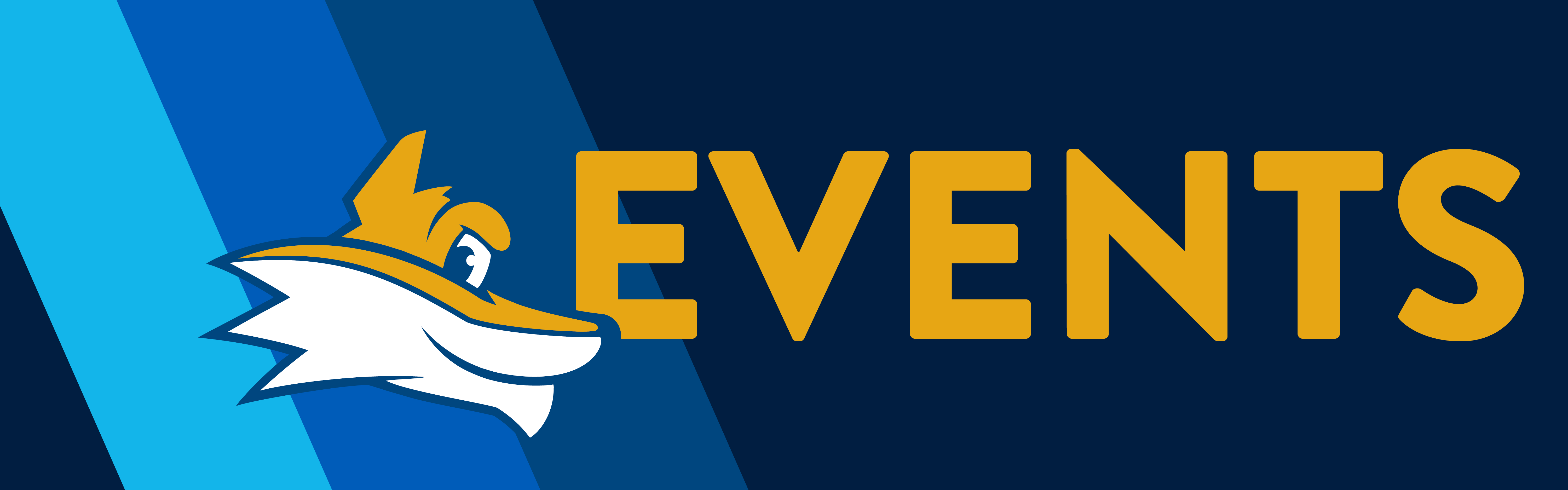 The side profile of the KCTCS Mascot Pathfinder with the word events in the color gold on a blue striped background.